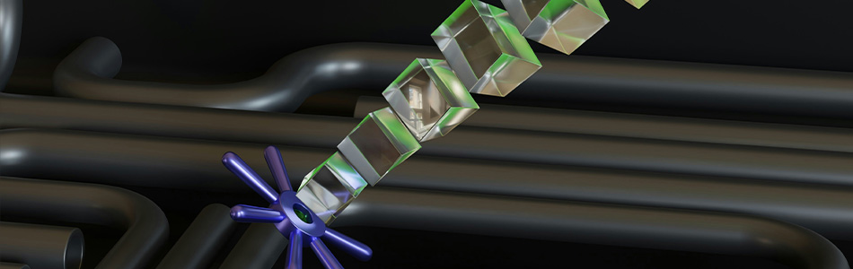 Abstract design of a DevOps pipeline with green cubes and blue gears, symbolising DevOps consulting services.