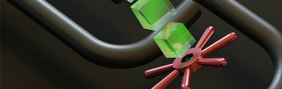 Abstract representation of a DevOps pipeline with green cubes and red gears, symbolising DevOps consulting services.