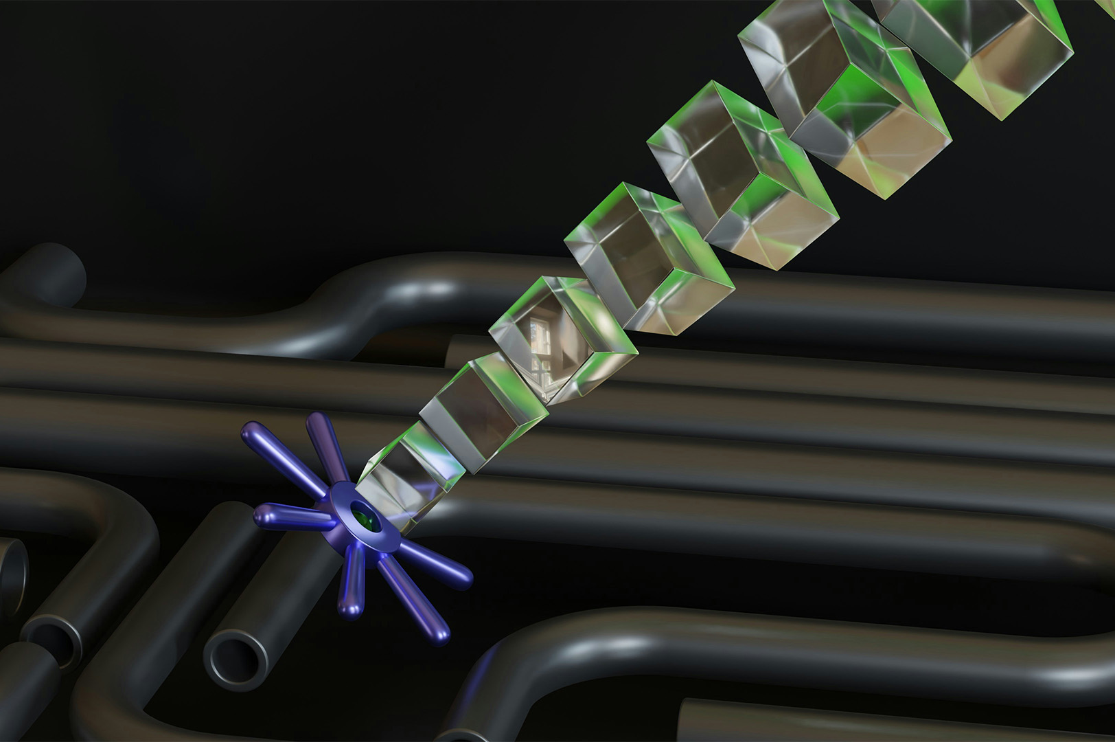 Abstract depiction of a DevOps pipeline with green cubes and blue gears, representing DevOps consulting services.